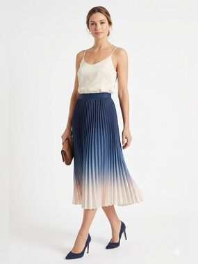 NWOT Kourt Ombré Gradient Pleated Blue, White And Orange Midi Skirt for Cocktail